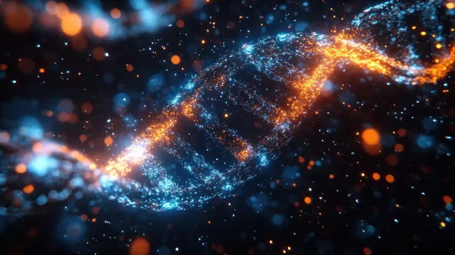 A glowing blue and orange DNA double helix floats amid sparkling particles across a dark scientific background.