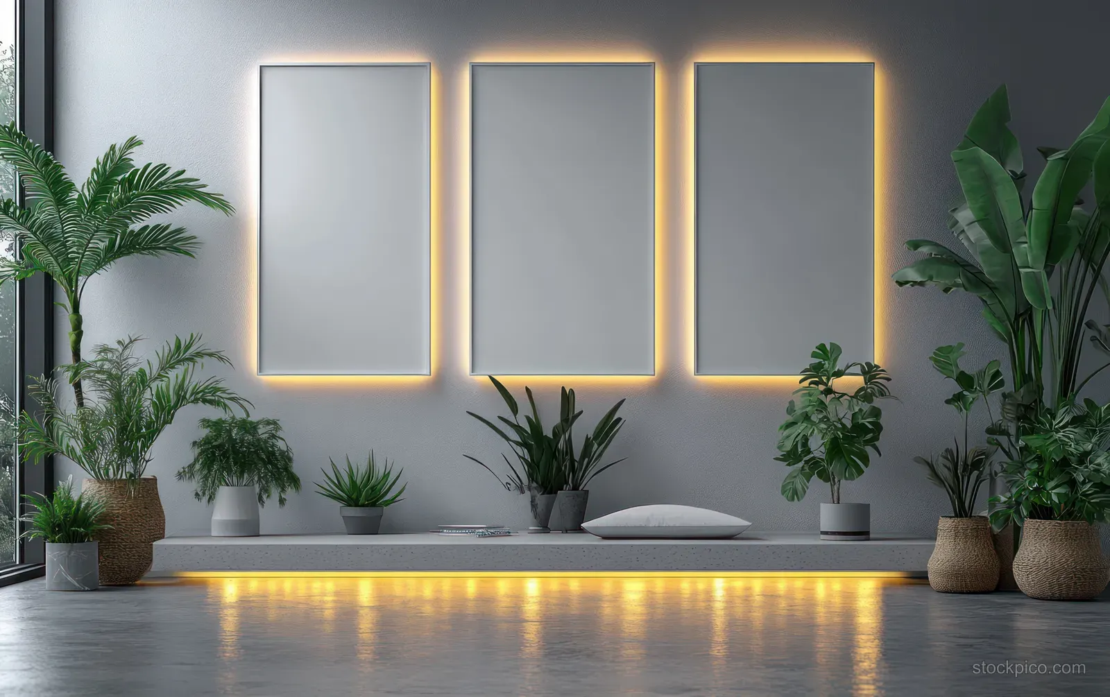 Three minimalist white picture frames on a light wall with soft shadows and potted plants along the floor.