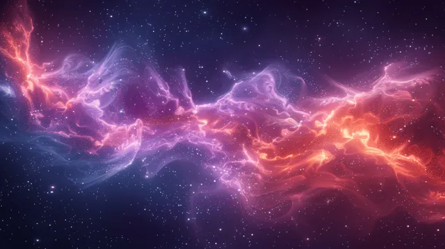 Colorful glowing smoke waves and starlit specks form a cosmic nebula background with vivid purple, orange, and blue hues.