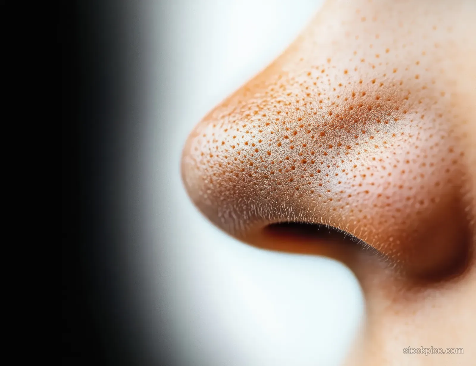Macro close-up of a human nose showing pores and fine hair on softly lit skin surface.