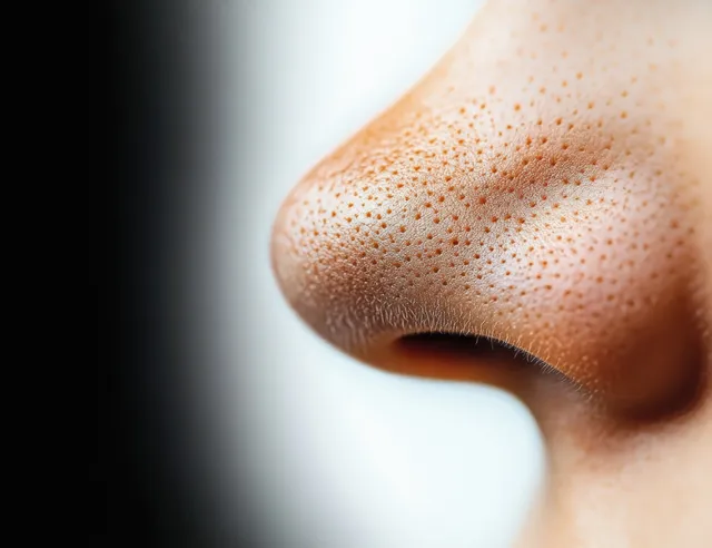 Macro close-up of a human nose showing pores and fine hair on softly lit skin surface.