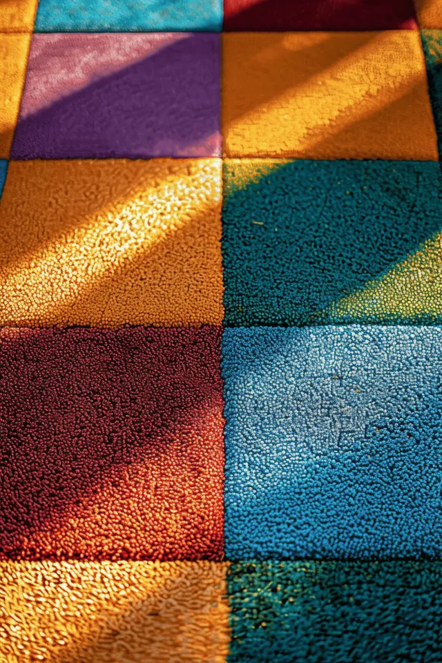 Vista cenital de baldosas de caucho multicolores para el suelo de un parque infantil, con textura granulada y suaves sombras de la luz solar.