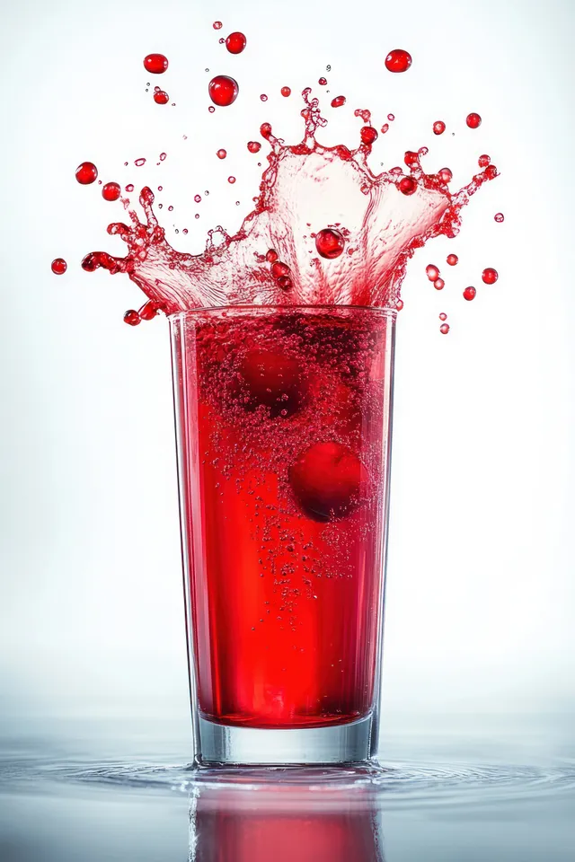 Tall glass filled with vibrant cherry juice splashing upward with scattered red droplets on a clean white background.