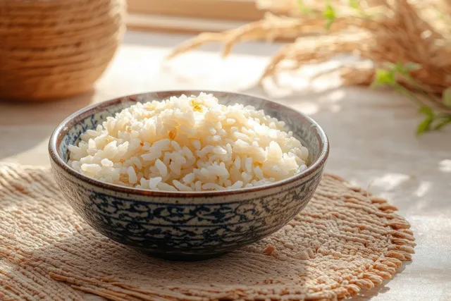 Blue patterned ceramic bowl filled with white rice sitting on a textured woven mat in natural sunlight.