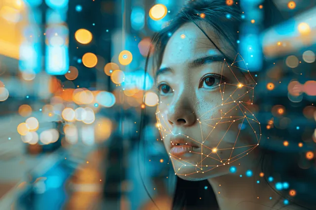 Asian woman with glowing digital network overlay across her face in neon city night bokeh