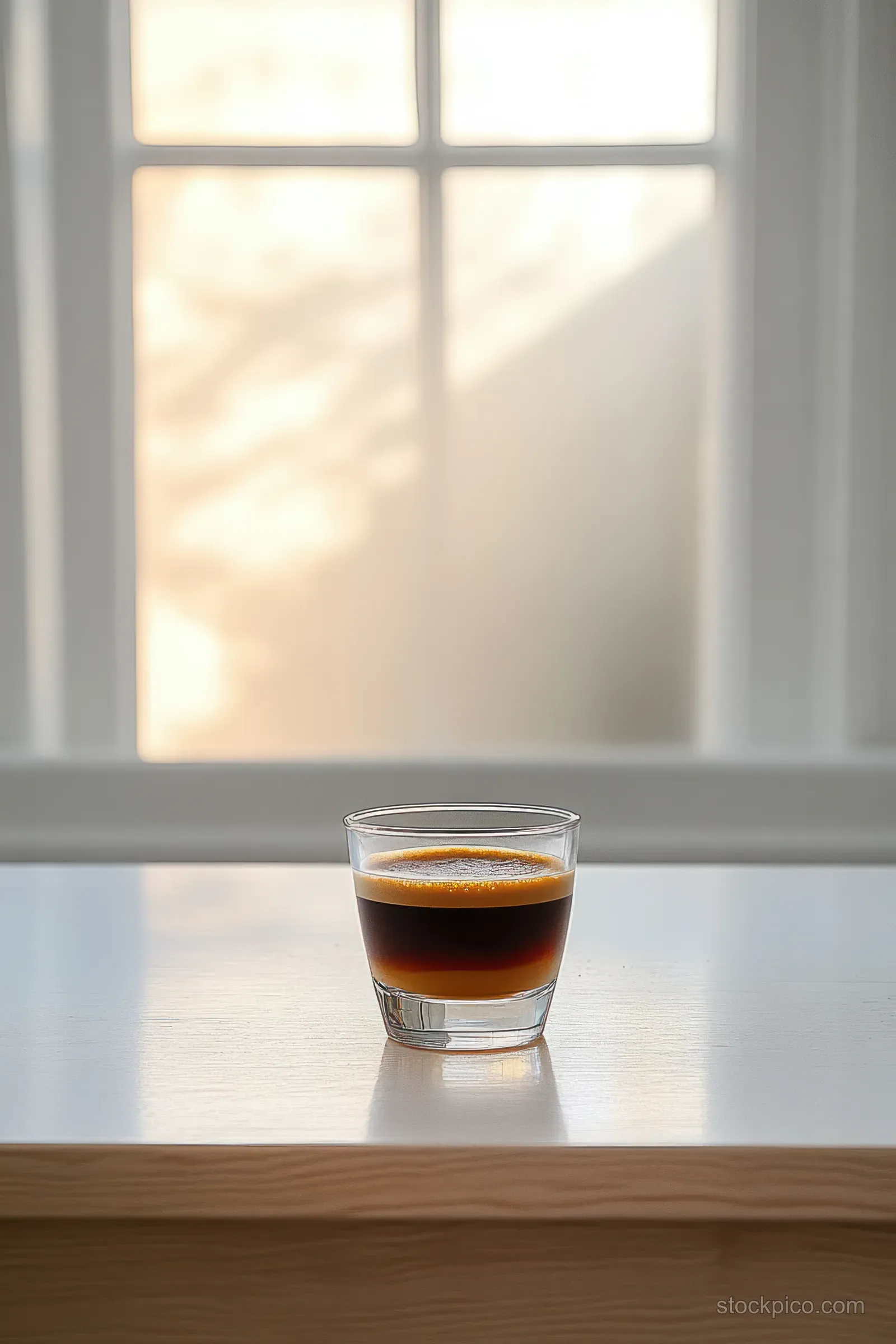 A small glass cup of layered espresso rests on a wooden table with soft natural window light in the background.