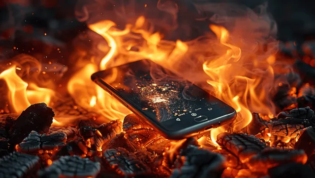 Un smartphone arde intensamente con humo saliendo de una pantalla dañada y un cuerpo derretido.