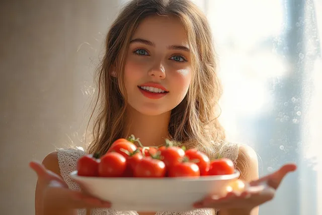 Smiling woman holding a bowl of cherry tomatoes in a bright studio window light