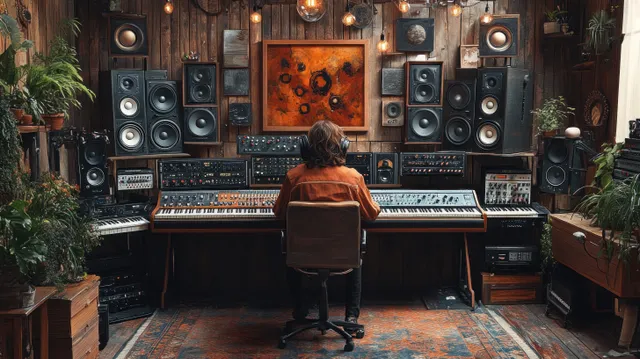 Musician seated at a central mixing console in a warm-lit home recording studio with keyboards, speakers, and guitars.