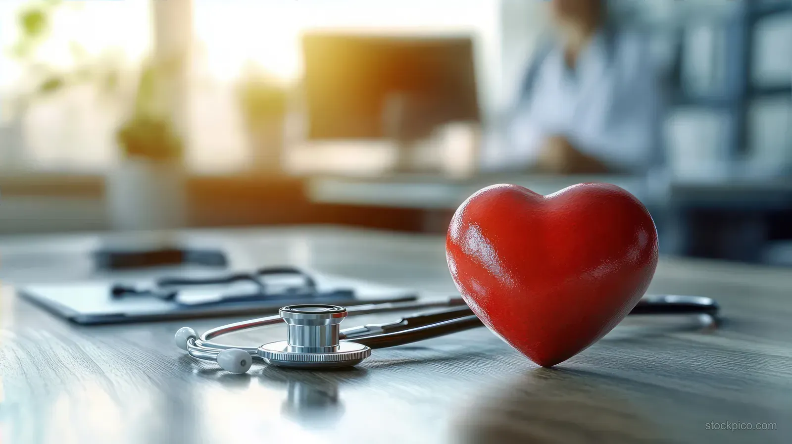 A red heart and stethoscope rest on a wooden desk in a softly lit clinic office.