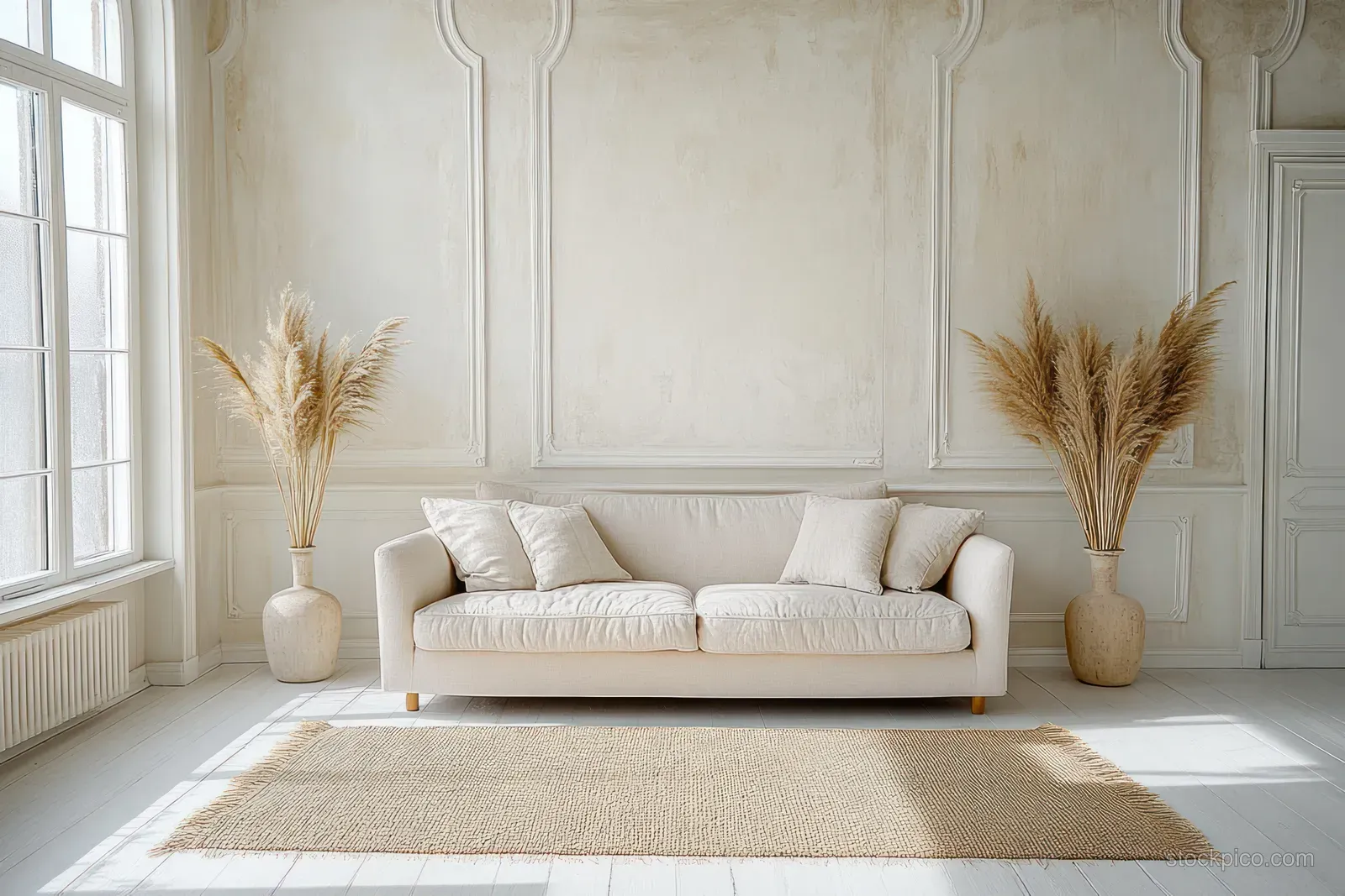 White sofa in a sunlit Scandinavian living room with pampas grass vases and pale molding walls.