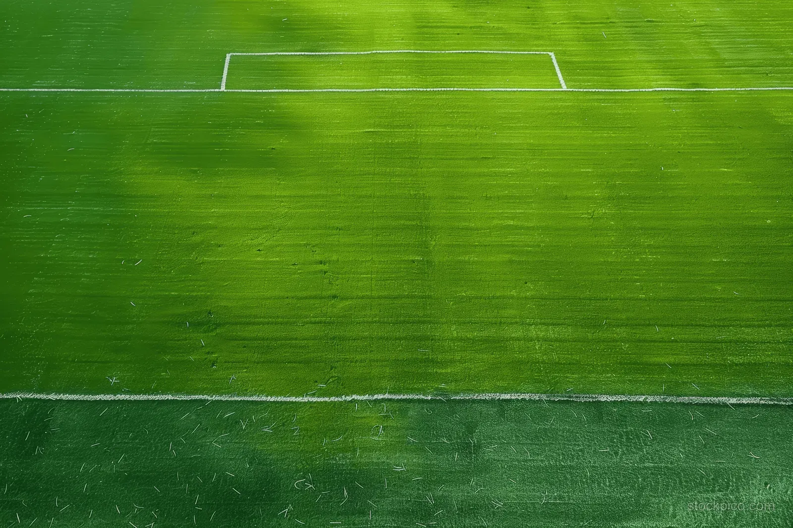 An empty green soccer field with white boundary and midfield lines visible.
