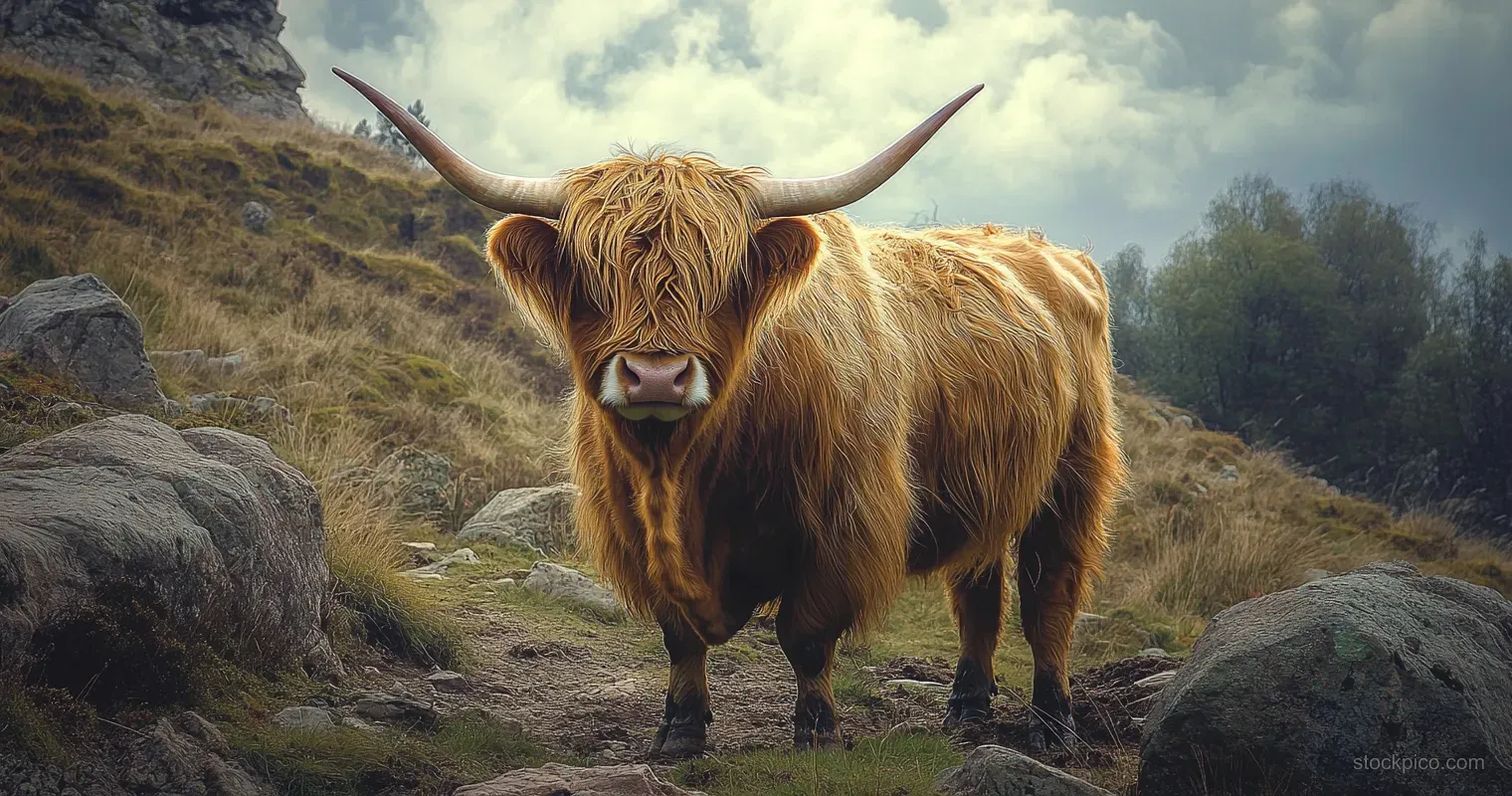 A shaggy Highland cow with long curved horns stands on mossy rocks in a cloudy mountain landscape with distant trees.