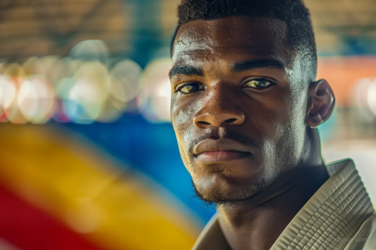 Cuban judoka tightens his gi belt on a judo mat, focused before a 60 kg match.