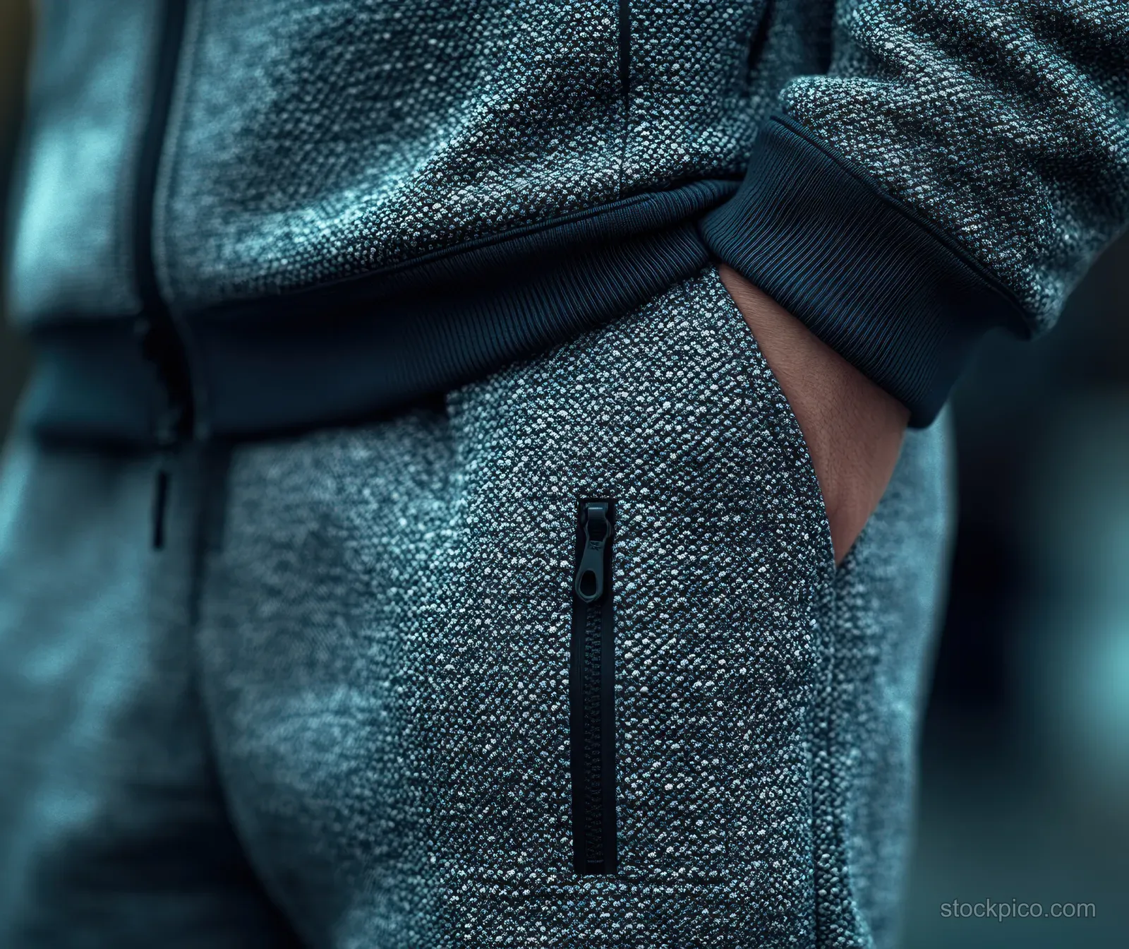Close-up of gray jogger fabric and a front pocket with visible seam stitching.