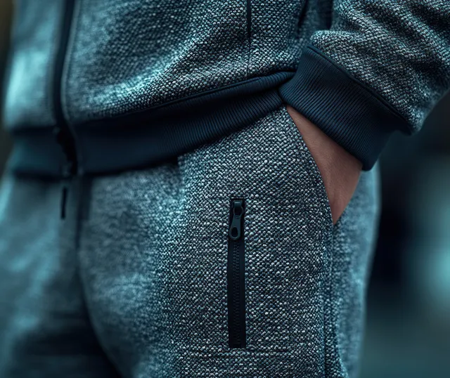 Close-up of gray jogger fabric and a front pocket with visible seam stitching.