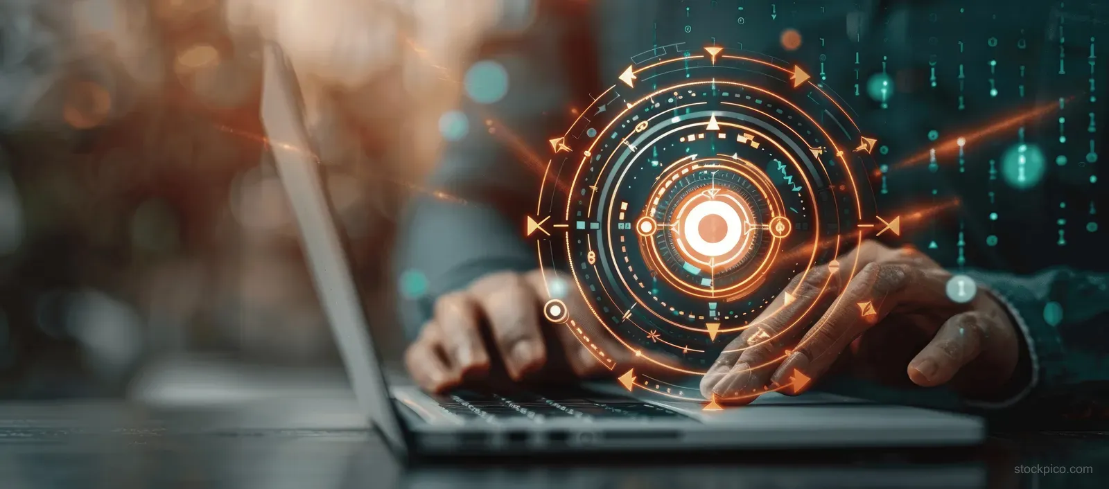 A businessman holds a laptop with a glowing target and strategy interface overlay on a digital dashboard.