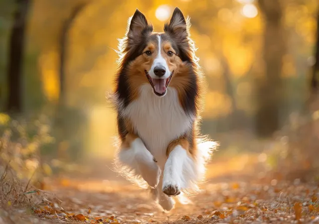 Happy Border Collie running down an autumn forest path under warm golden sunlight