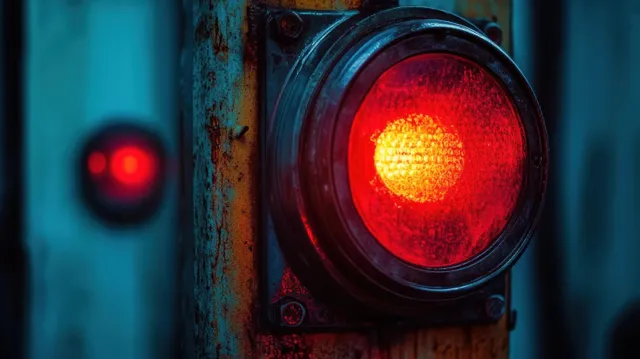 Close-up of a glowing red warning signal light on rusty industrial metal panel