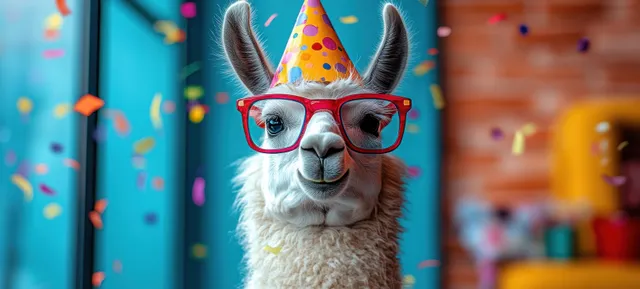 An alpaca in a party hat and sunglasses celebrates birthday against a blue confetti background.