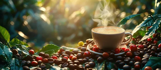 Steaming coffee cup nestled among ripe coffee cherries and green leaves in warm sunlight