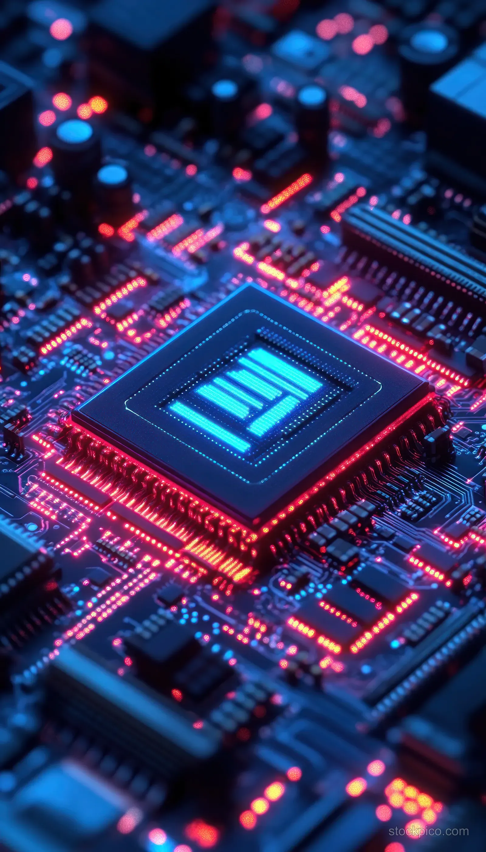 A luminous microchip on a circuit board glows with intricate blue and red lights, creating a high-tech digital atmosphere.