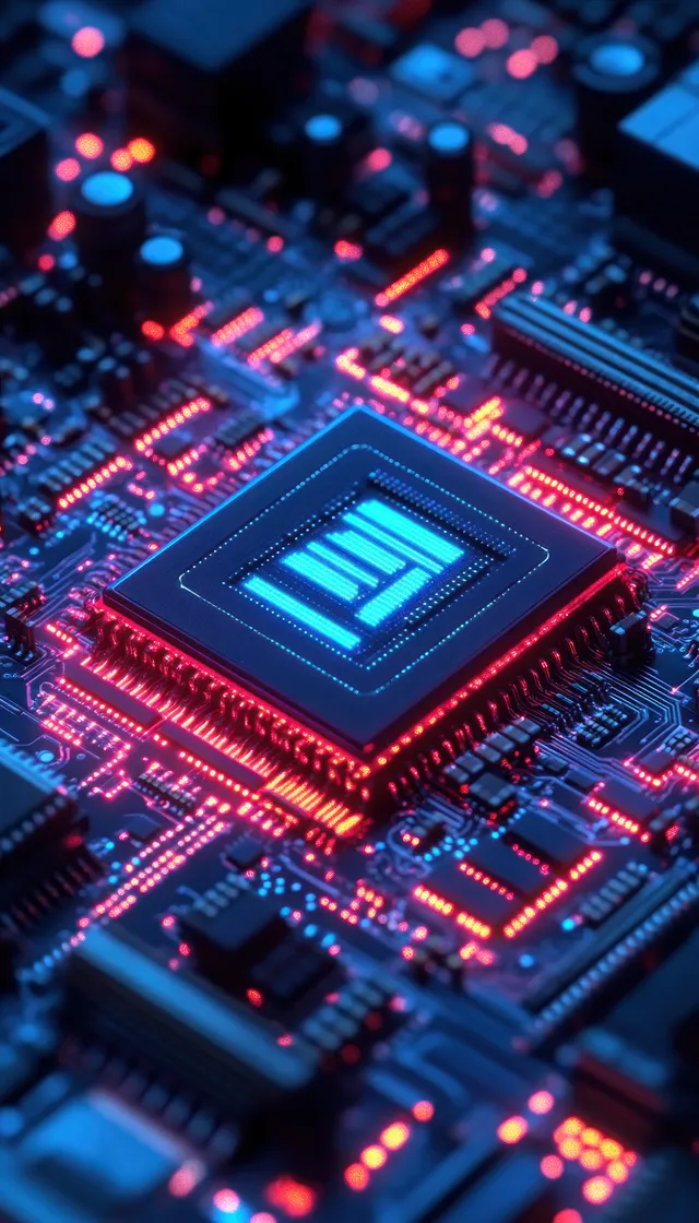 A luminous microchip on a circuit board glows with intricate blue and red lights, creating a high-tech digital atmosphere.