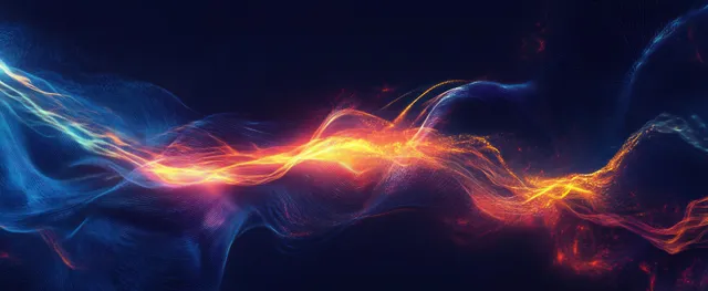 Blue and orange glowing light waves stream across a dark background with electric streaks and wave patterns.