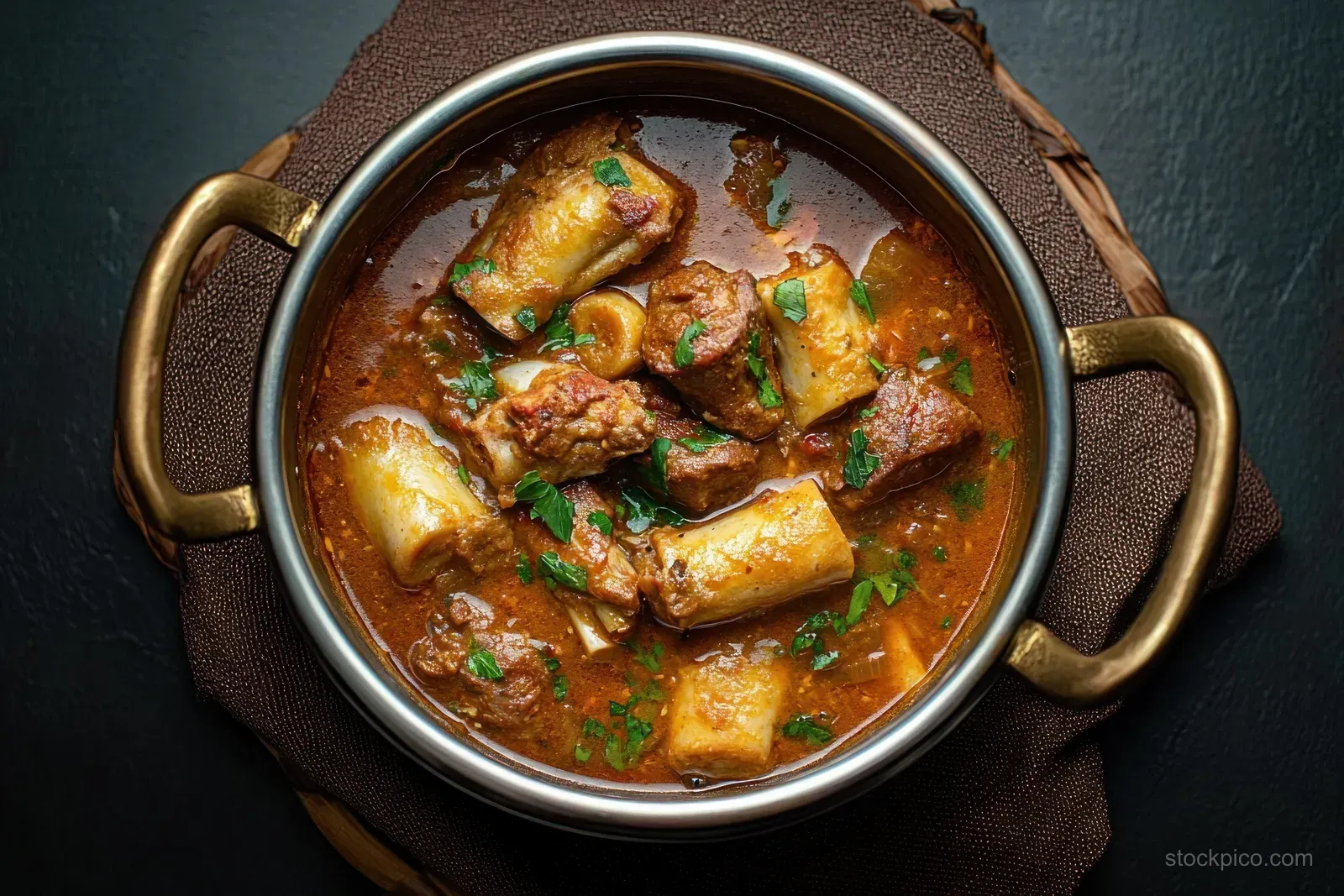 Hearty meat stew with bone marrow and fresh herbs simmers in a round metal pot on a dark textured cloth.
