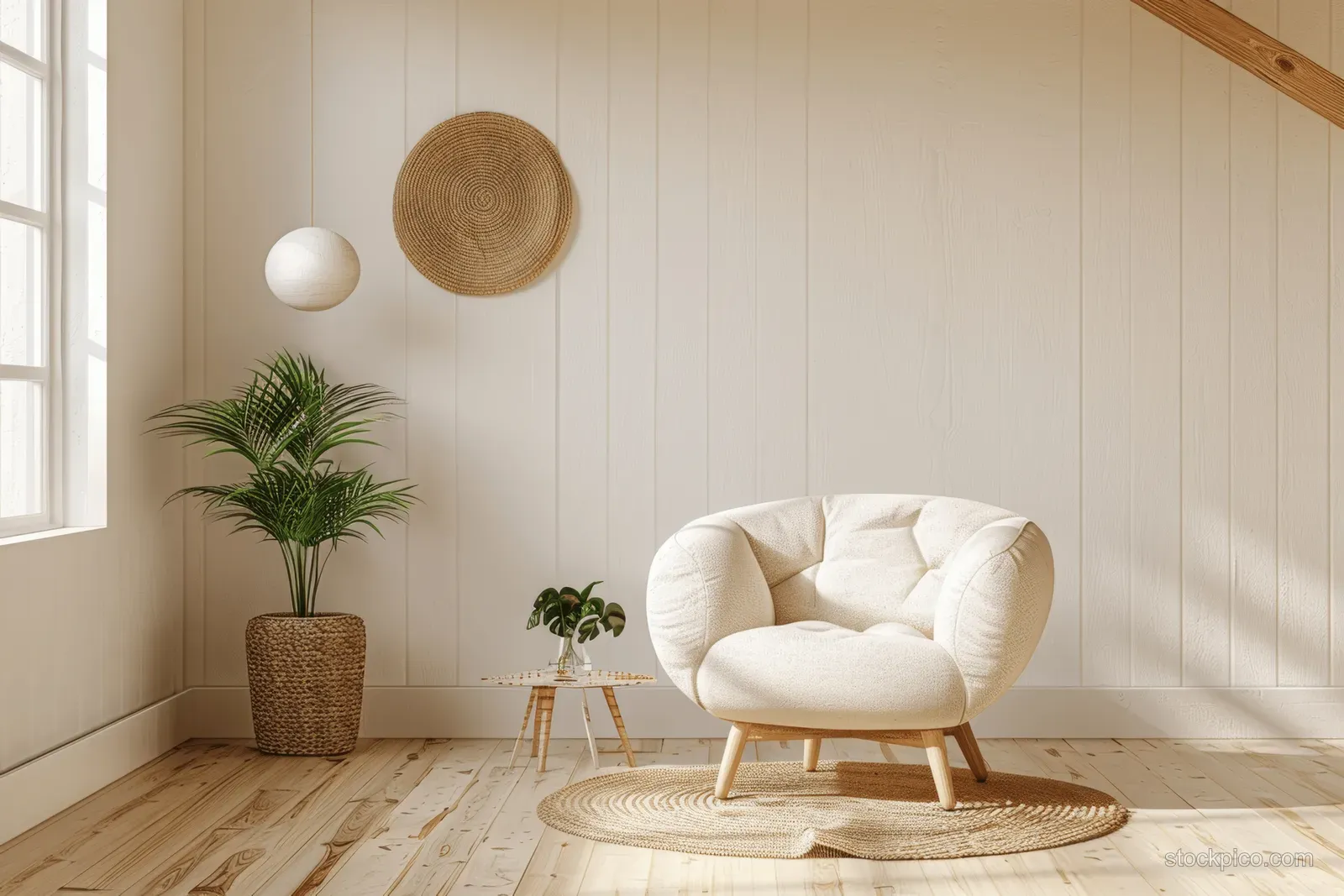 White Scandinavian armchair sits on a light wooden floor beside potted plants in a minimalist sunlit room.