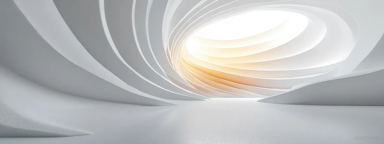 A minimalist white interior tunnel with curved rib-like walls and a soft glowing ceiling light.