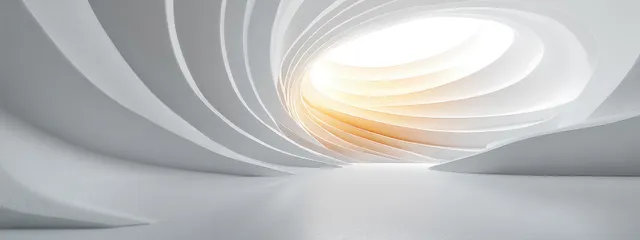 Minimalist architectural interior tunnel with curved white ribs and soft glowing ceiling light