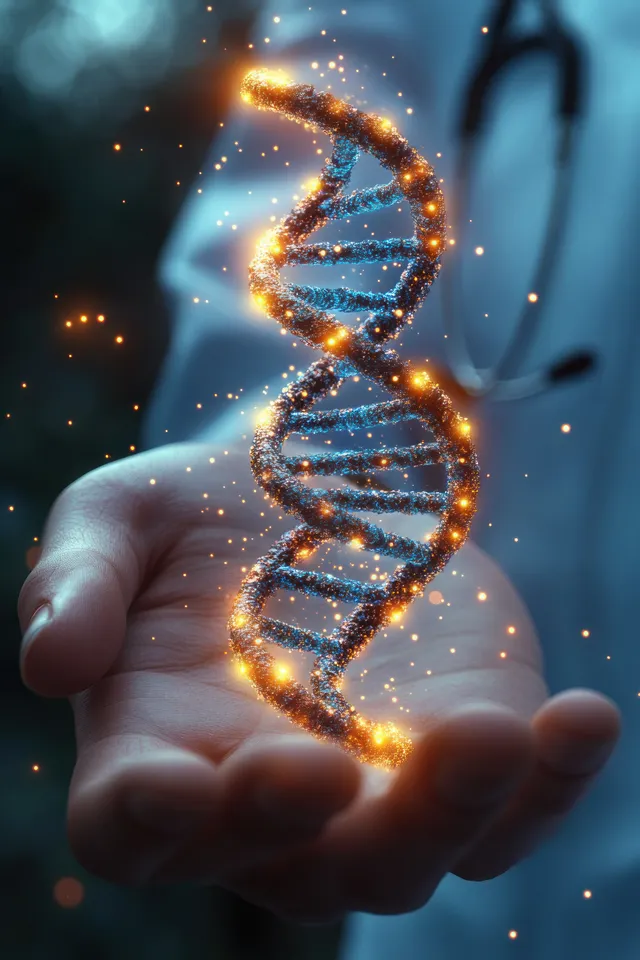 A hand holds a glowing DNA double helix model emitting bright particles while a blurred stethoscope appears in the background.