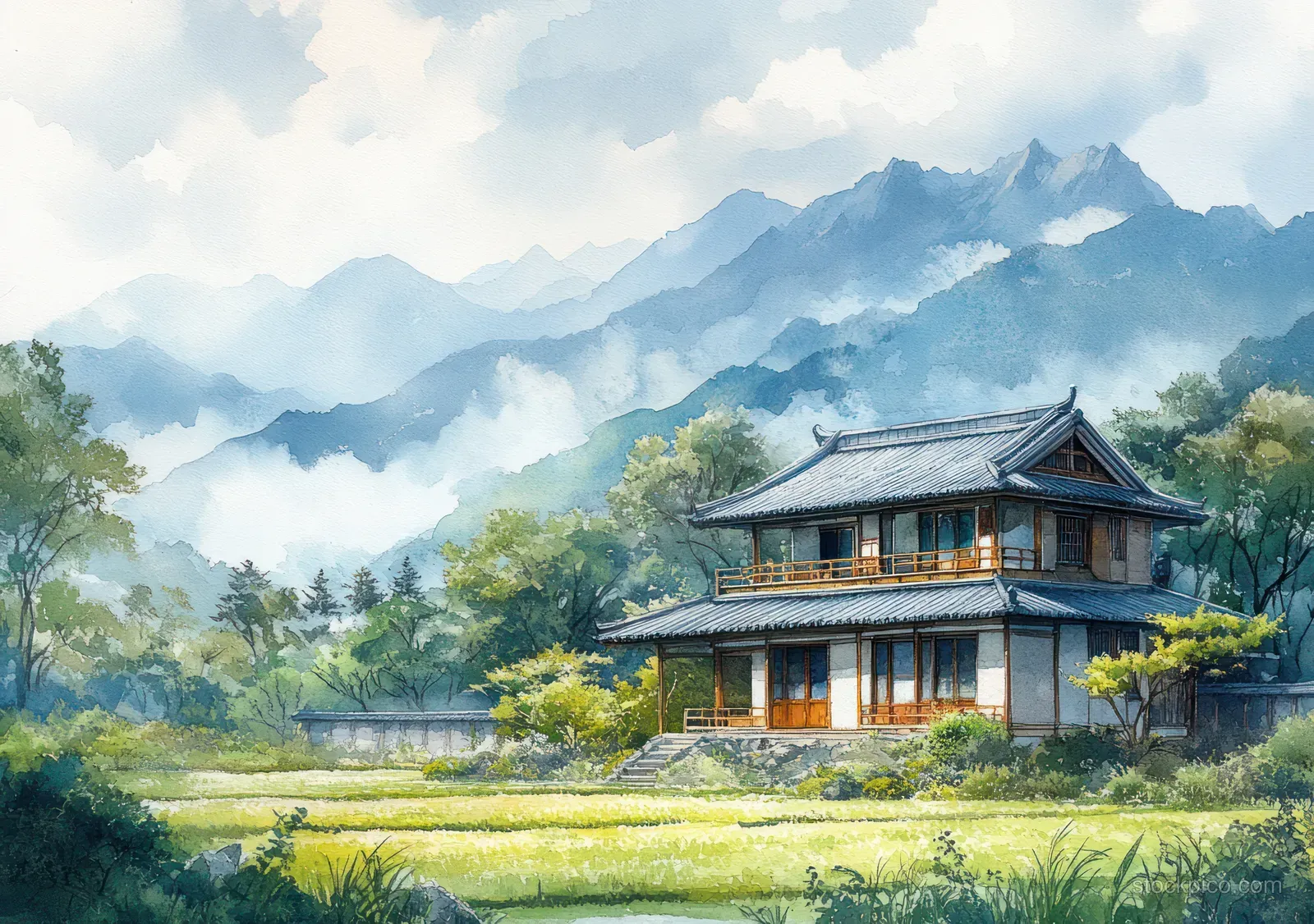 Traditional Japanese house beside green fields with misty mountains behind it.