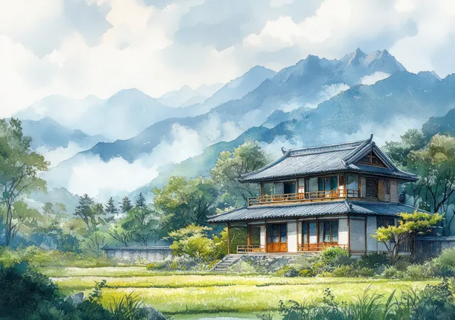 Japanese Countryside House Beside Green Fields and Misty Mountains