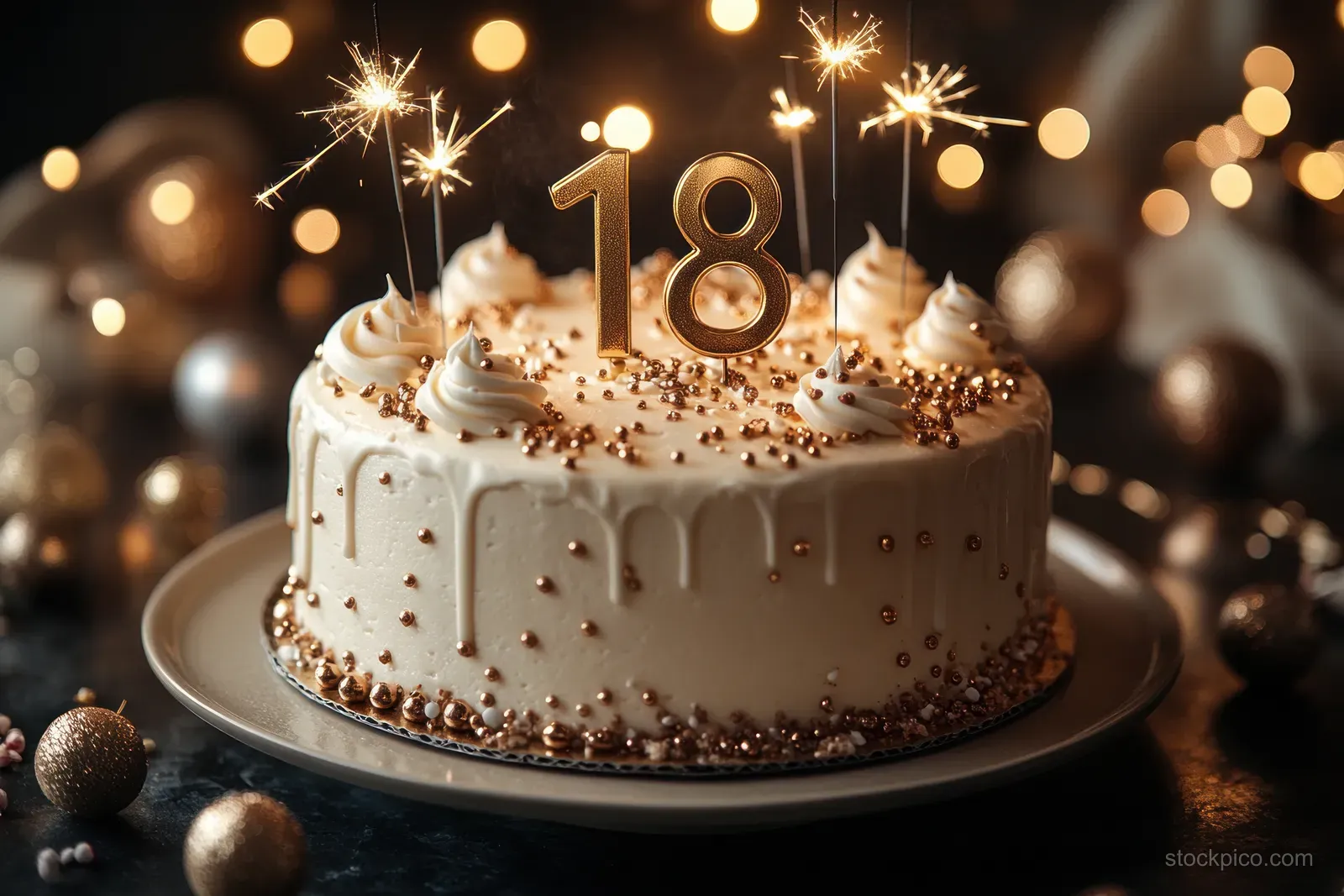 An 18th birthday cake with gold number topper and sparklers glowing on a festive dessert table.