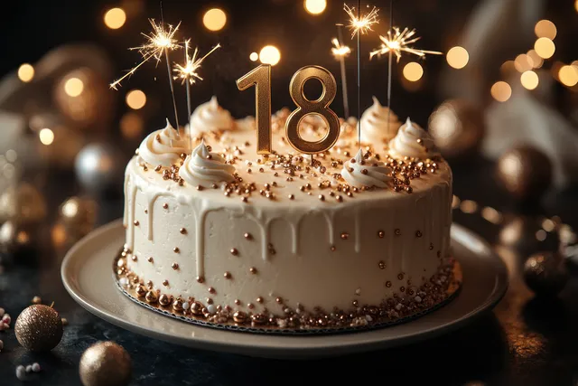 An 18th birthday cake with gold number topper and sparklers glowing on a festive dessert table.