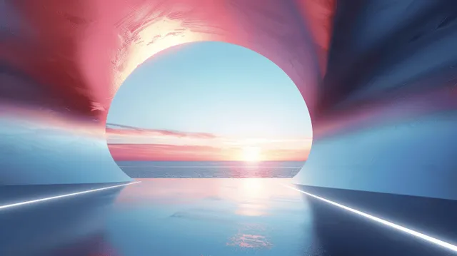Neon-lit archway glows at the end of a concrete corridor over still reflective water and a colorful horizon.