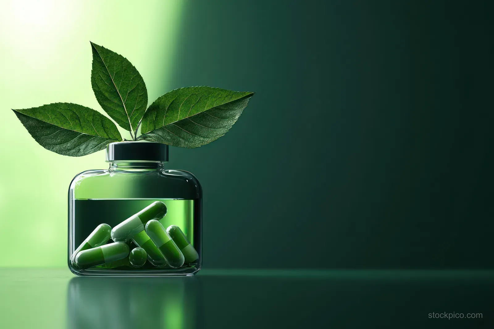 A clear jar with green capsules and a leaf sprig on the lid sits on a reflective surface under soft green light.