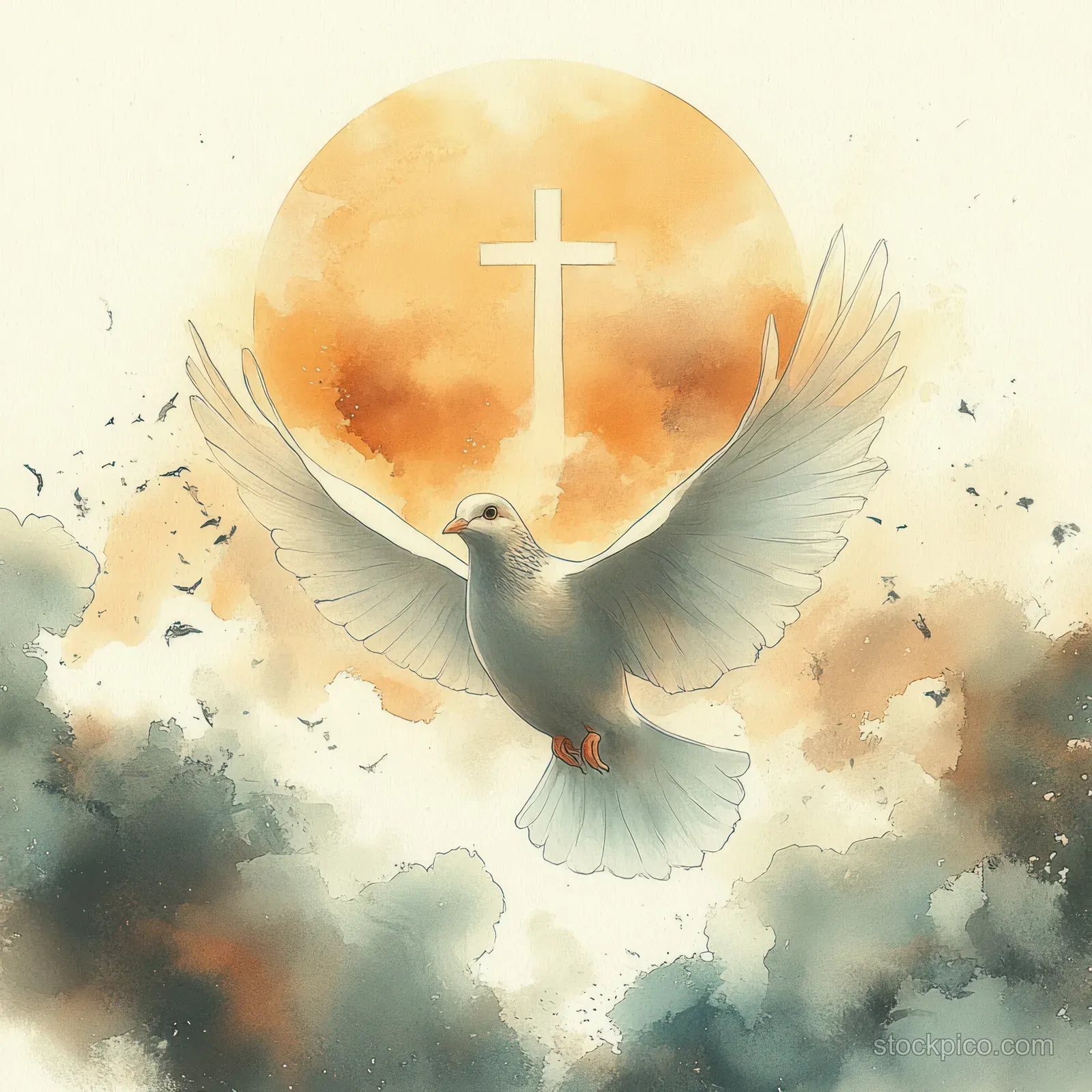 Watercolor peace dove with wings spread flying through soft clouds above a glowing golden cross.