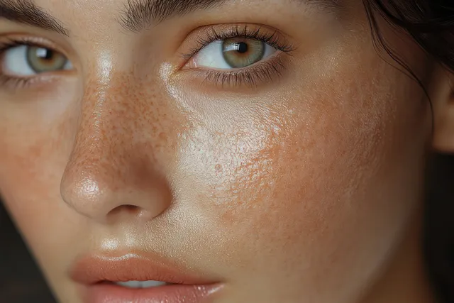 Primer plano dividido del rostro de una mujer mostrando antes y después de un tratamiento de la piel con pecas, poros y una textura más suave.
