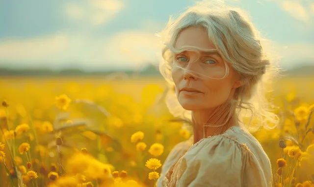 Mature woman with white hair meditates with eyes closed in a windy yellow flower field under warm sunlight.