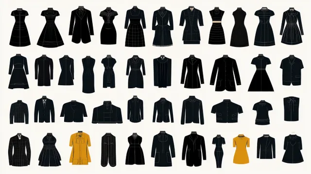 Assorted black dresses, jackets, blazers, and tops arranged on a light background with mustard yellow items.