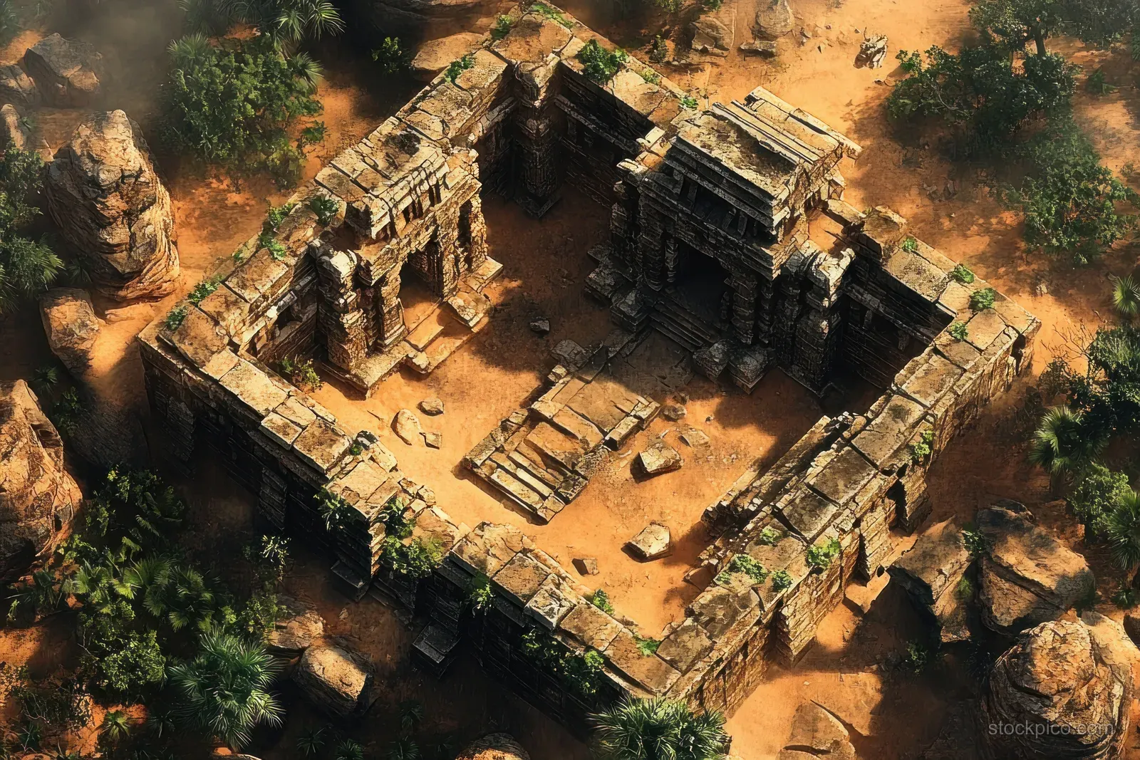 An aerial view of ancient stone temple ruins surrounded by dense green vegetation.