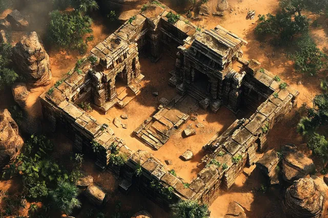 Ancient Temple Ruins Surrounded by Lush Jungle in Golden Light
