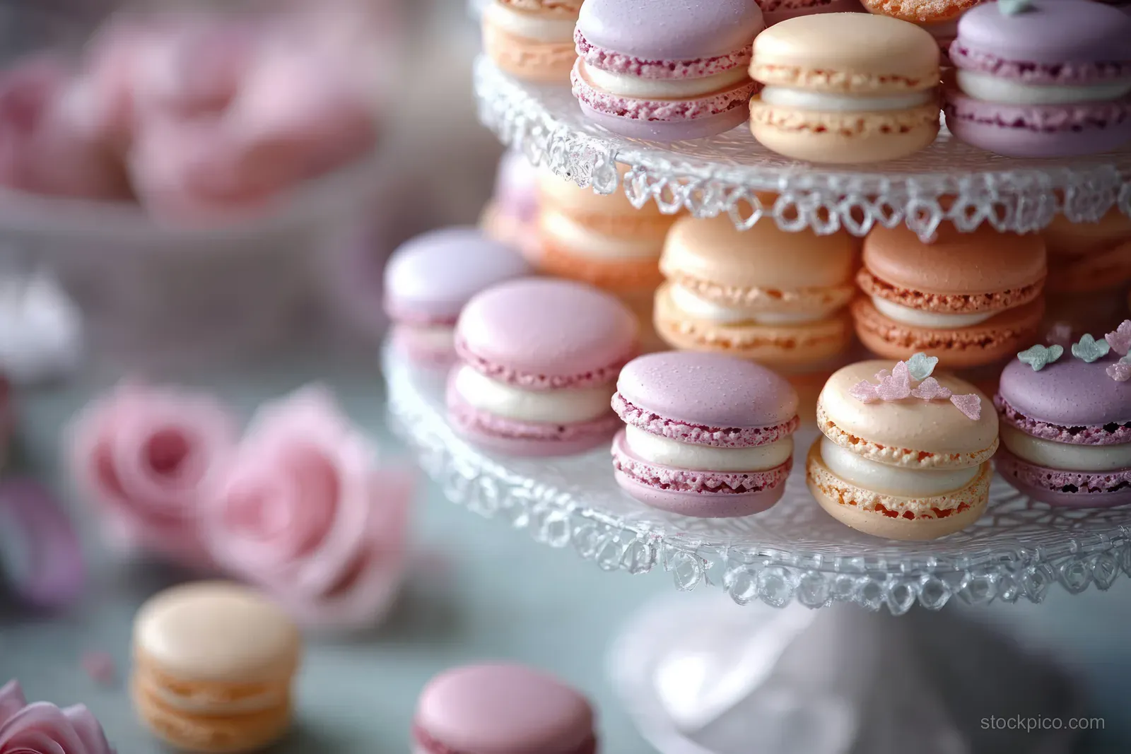 Pastel macarons on a two-tier glass stand with pink roses and tiny sugar decorations in soft light.