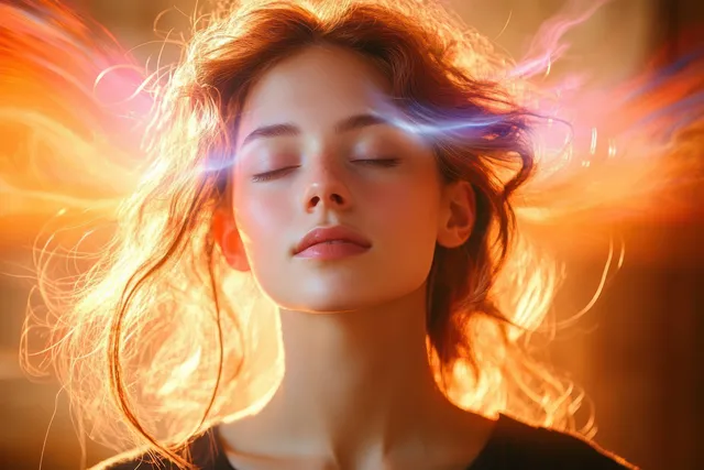 Young woman meditating with eyes closed, glowing warm light and colorful ethereal wisps around hair