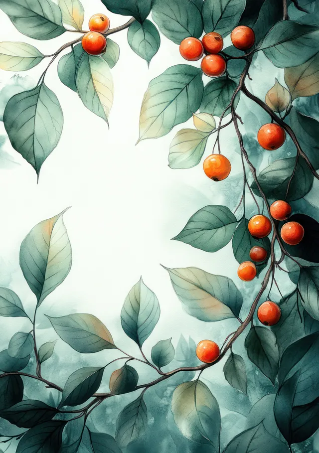 Watercolor botanical frame with eucalyptus leaves twigs and winter red berry clusters