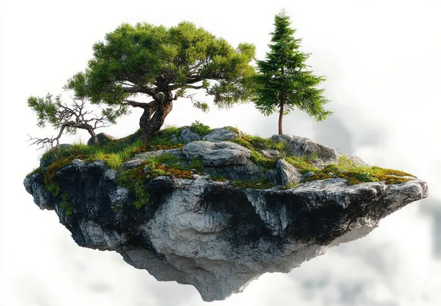 Floating rocky island with trees and green grass above white clouds