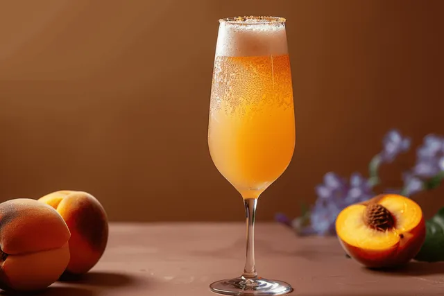 Peach cocktail champagne flute close-up with peach slices and sparkly bubbles